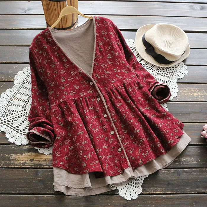 

new Big Size autumn women Long Sleeve Cotton Linen Blouse Japan Retro Floral Print Vintage Blouse Lace V-neck shirt 2020