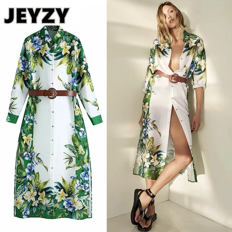 

Jeyzy 2021 new fashion green floral printed single breasted turn down collar long sleeve casual loose shirt dress belt fashion