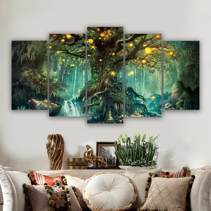

Paintings Canvas Wall Art 5 Pieces Enchanted Tree Scenery HD Printed Modular Vintage Pictures For Living Room Home Decor