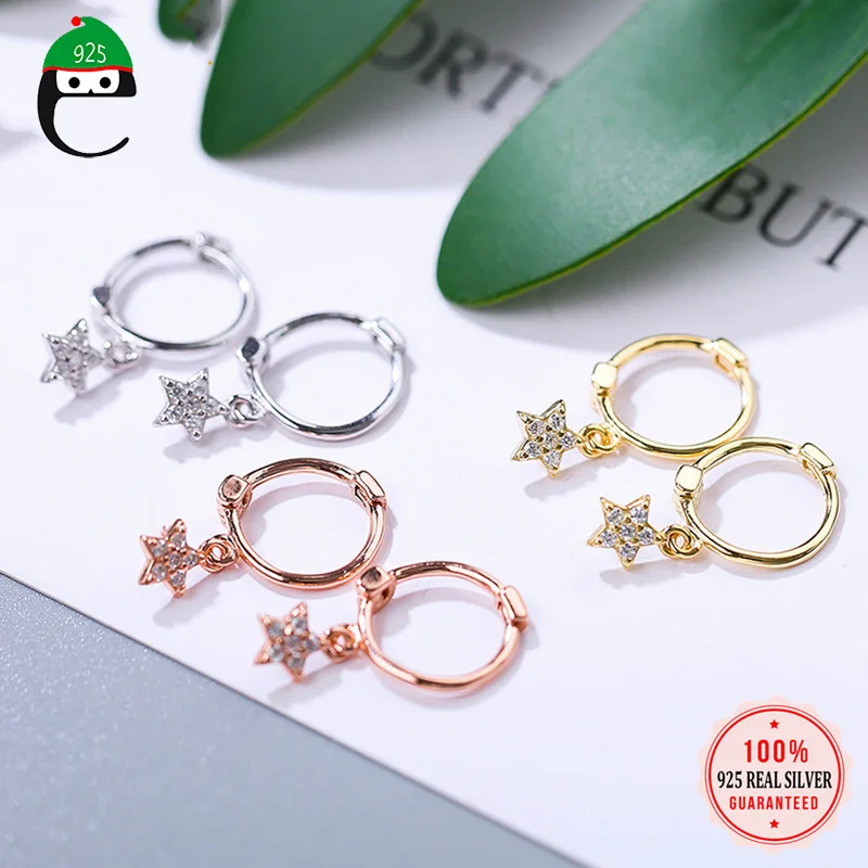 ElfoPlataSi 925 Твердые Настоящее Стерлинговое Серебро Star CZ серьги-гвоздики для Для женщин Стерлинговое Серебро-бижутерия XY1234