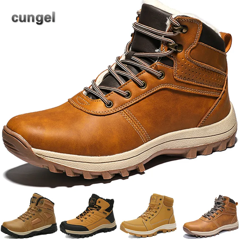 Зимние теплые мужские ботинки CUNGEL из спилка с натуральным мехом зимние ручной