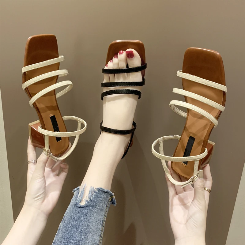 

Square Toe Shoes Women Sandals Suede Square High Heels Peep Toe Buckle Strap High Quality Women's Fashion Summer Shoes