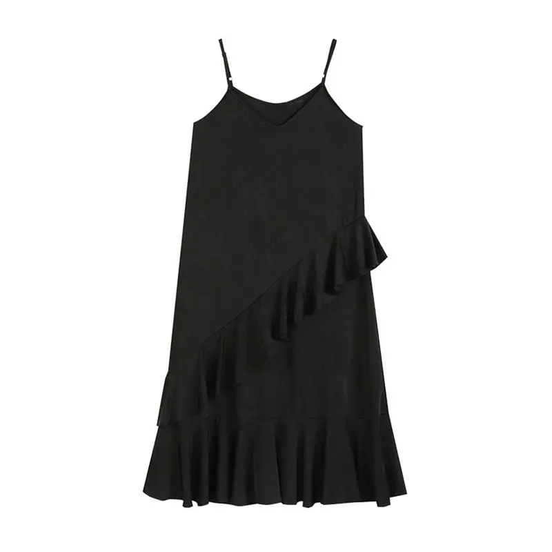 

XITAO Ruffles Patchwork Sling Dress Summer New Style Concise Thin and Light Loose Casual Sleeveless Solid Color Dress CLL1100