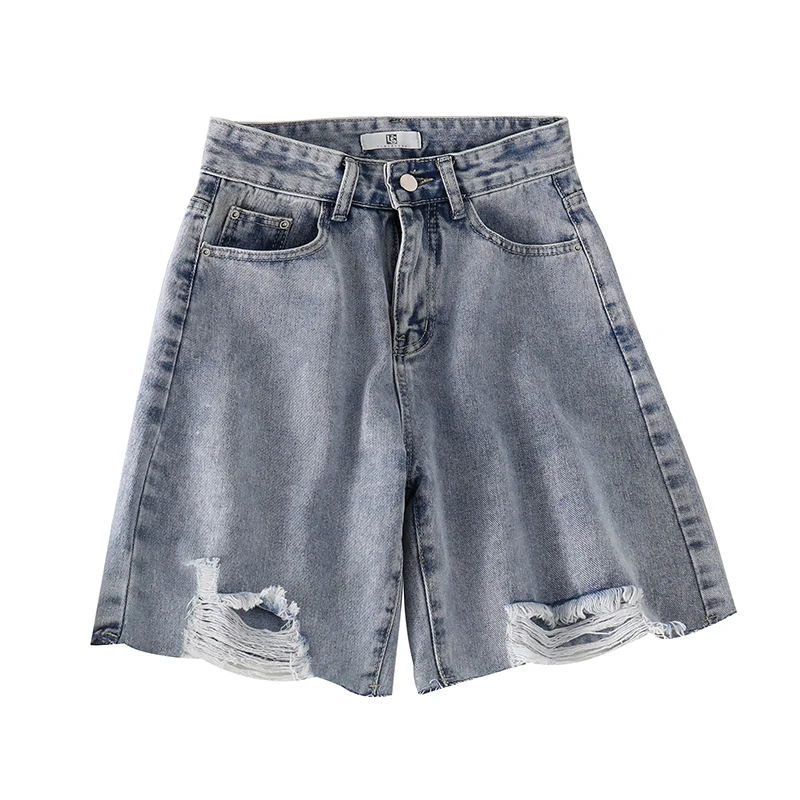 

Женские джинсовые шорты светильник-голубые летние рваные шорты на пуговицах с завышенной талией и дырками, до колена, Свободные повседневн...