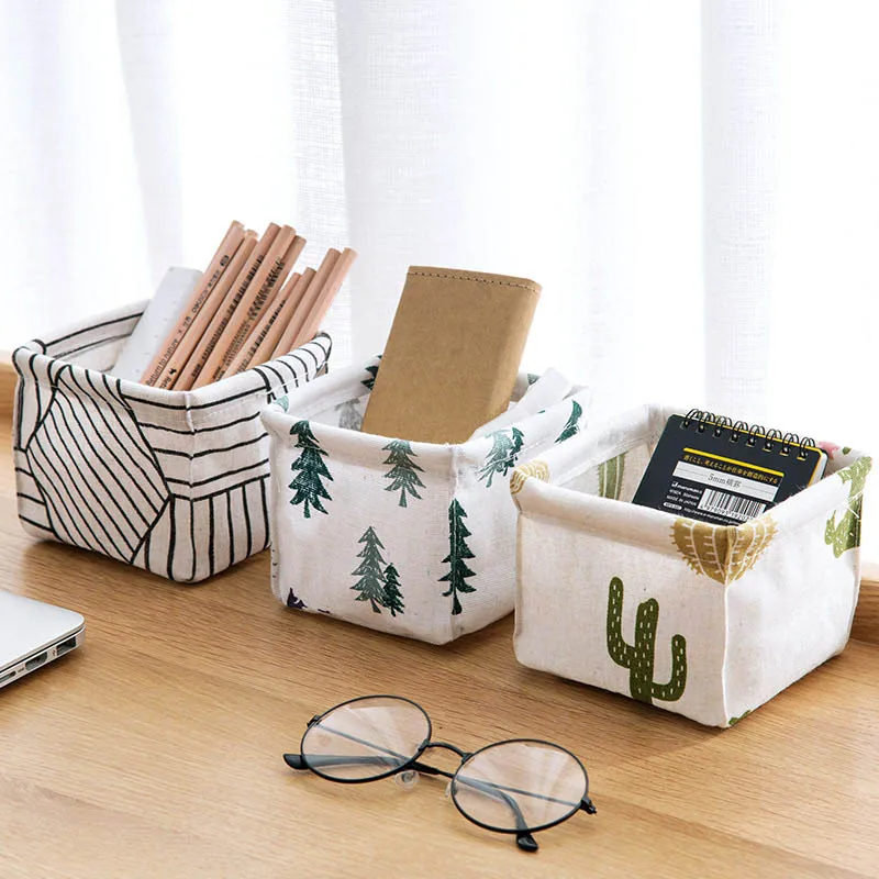 

Mini Foldable Sundries Storage basket Cute Printing Cosmetics Container Cotton Linen Storage Basket Desktop organizer 10*10*9cm