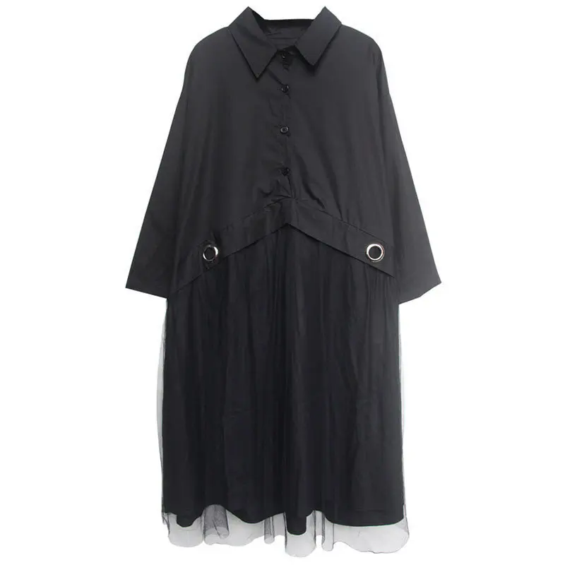 Гофрированный С Сеткой женское платье Корея Мода Новый отложной воротник