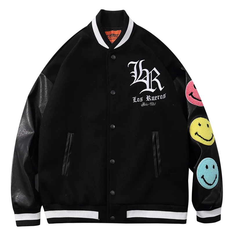 

Бейсбольная куртка в стиле хип-хоп с вышитыми буквами и смайликами; Уличная одежда 2021 года; Модная куртка в стиле колледжа Харадзюку; Пальто