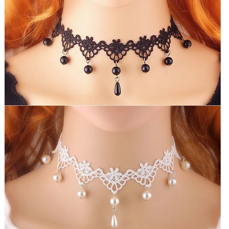 

Женское Ожерелье-чокер с кулоном из искусственного жемчуга, с волнистыми цветами и белым или черным кружевом, свадебное Ювелирное Украшени...