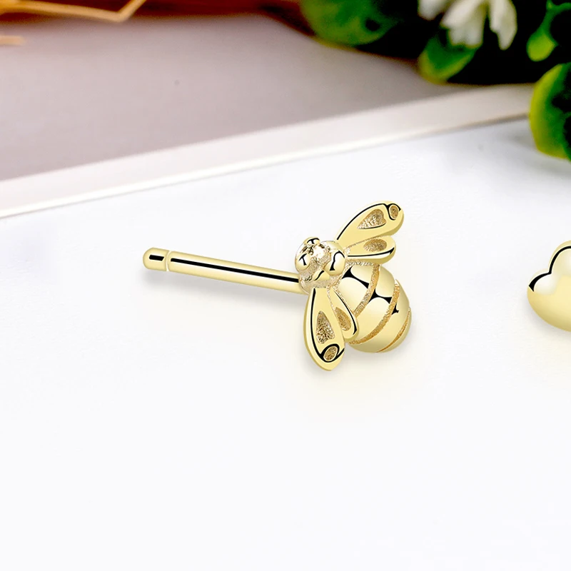 

Original 100% 925 Sterling Silver Stud Earrings Love Heart & Bee Gold Earings For Women Fashion Jewelry