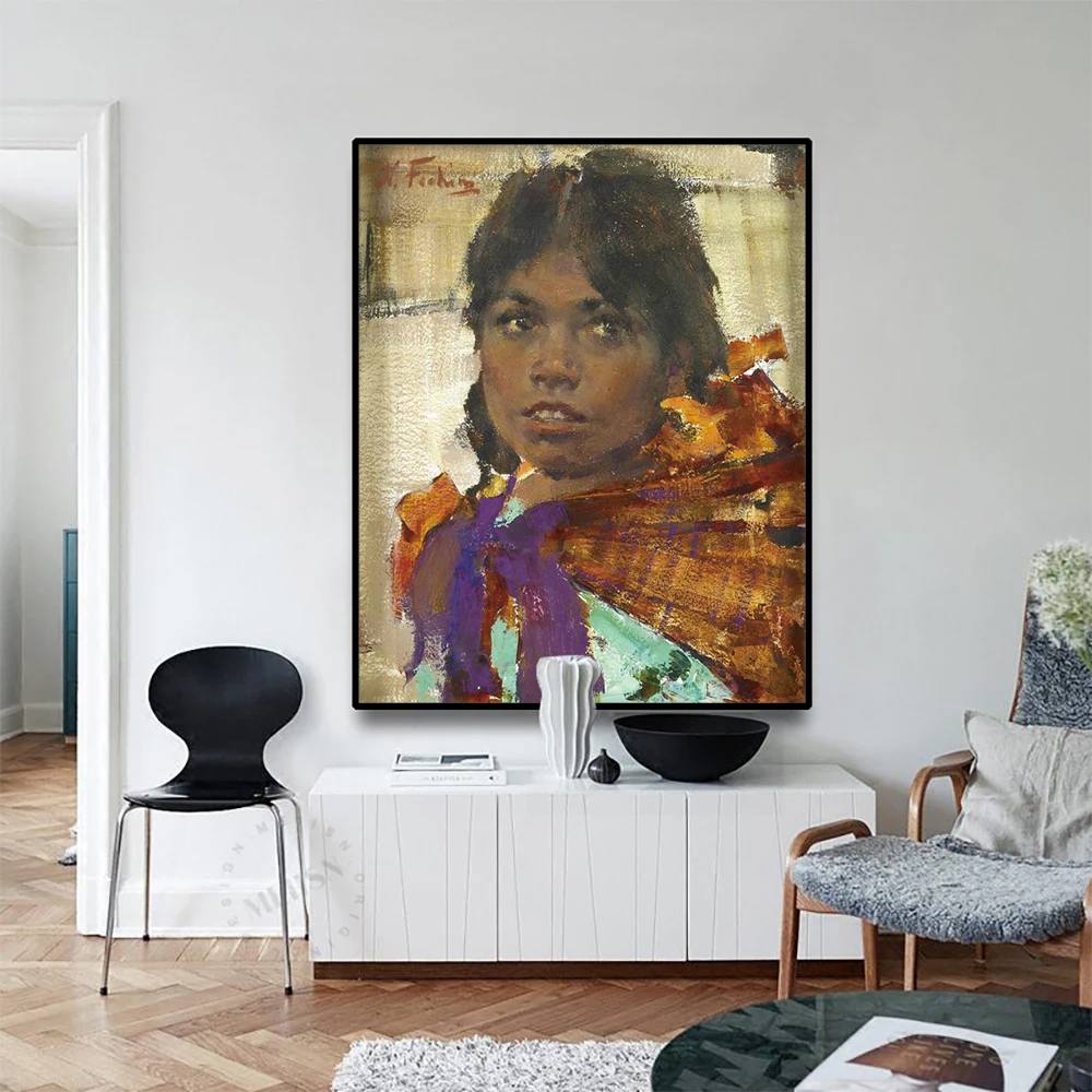 Картина маслом на холсте Cassisy Nicolai Fechin "Девушка с темной кожей" художественный постер для декора дома, гостиной, офиса.