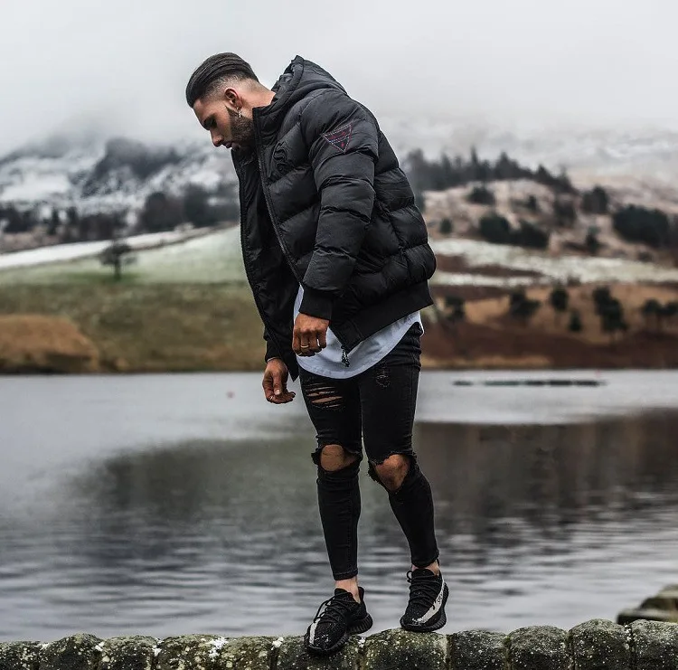 Winter Men's Hooded Full Zip Warm Cotton Sports Bomber Jackets Muscle Fit Fashionable Tide Casual Coat