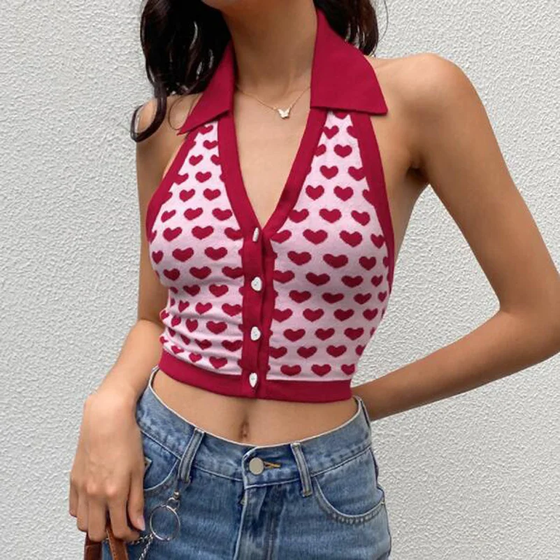 

Cultiseed Для женщин v-образный вырез с лямкой на шее Однобортный вязаный свитер с принтом в виде надписи «Love» тонкая талия Короткие топы с брете...