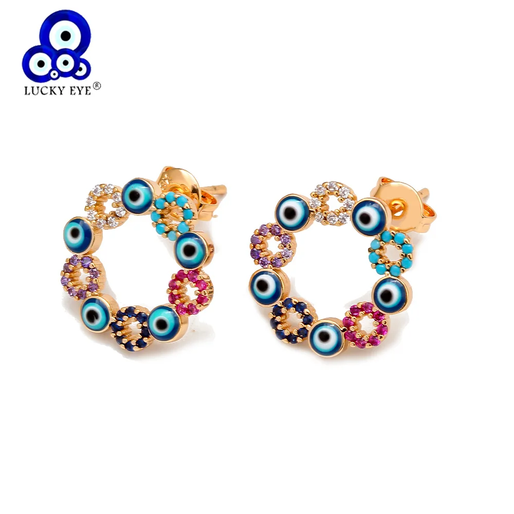 Lucky Eye Colorful Stud Earrings for Women Girls Gold Color Dropping Oil Blue Turkish Evil Eye Earrings Fashion Jewelry BD51