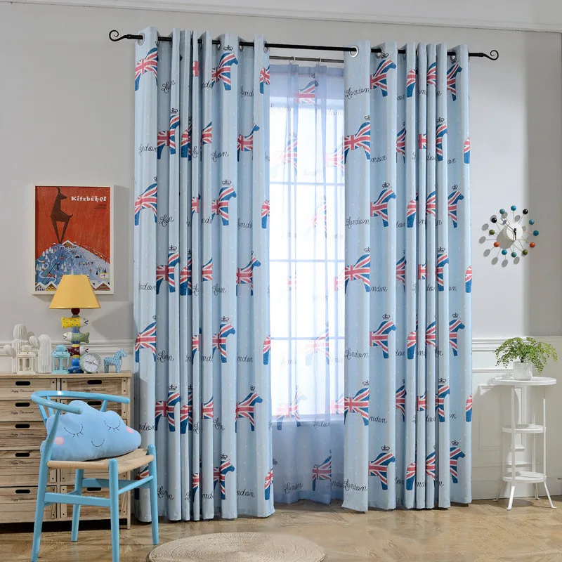 Занавеска для спальни мальчиков с изображением лошадей голубая ткань гостиной