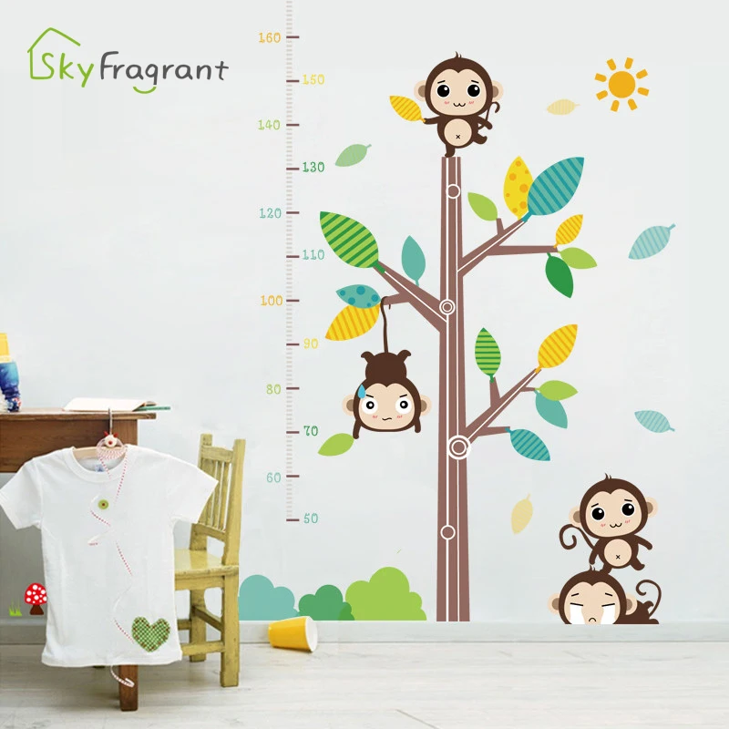

Cartoon Cute Monkey Animal Height Wall Stickers For Kids Rooms Boy Girl Bedroom Wall Decor Home Decoration Self Adhesive Sticker