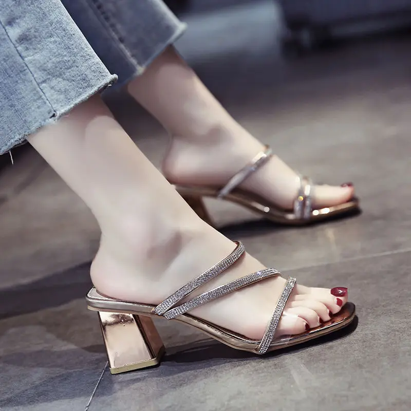 

Women's Slippers Summer Fashion PU Patchwork Bling Rhinestone 6cm Chunky High Heel Sandals Ladies Elegant Slip-On Woman Shoes