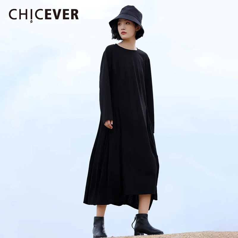 

CHICEVER Plain Dress For Women Casual Round Neck Loose Long Sleeve High Waist Mid A Line Dresses Female 20212 Autumn Clothes New