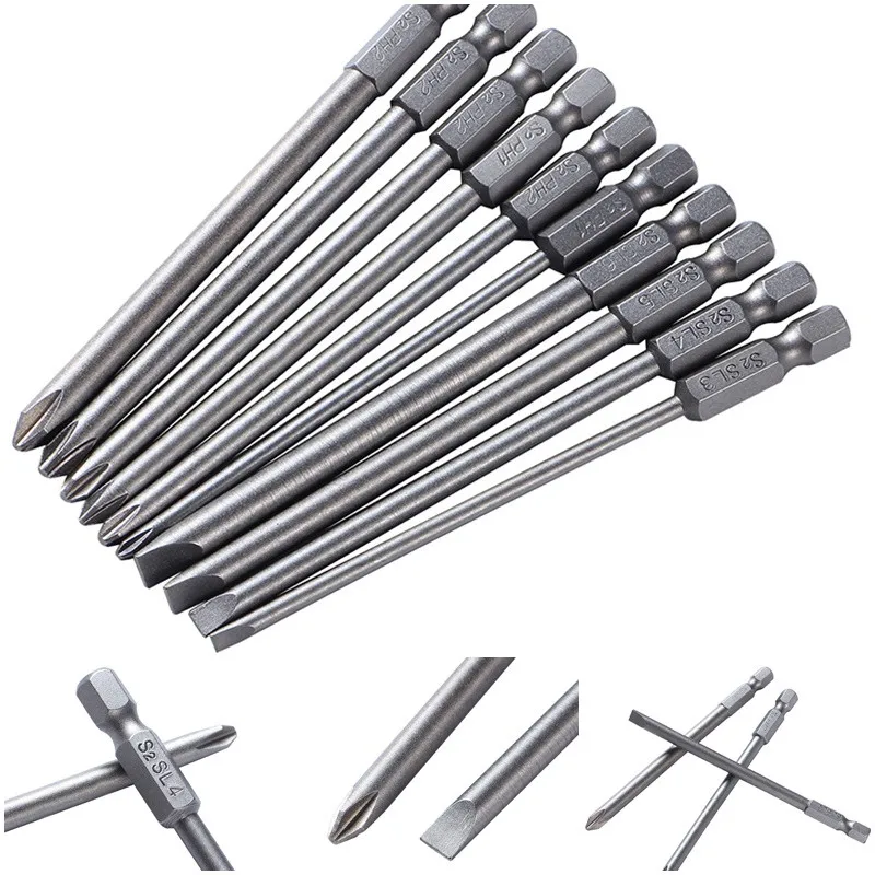 

10pcs/set 100mm Alloy Steel S2 Slotted Flat Head Screwdriver Bits Cross Head Batches Screwdriver Set Hand Repair Tools