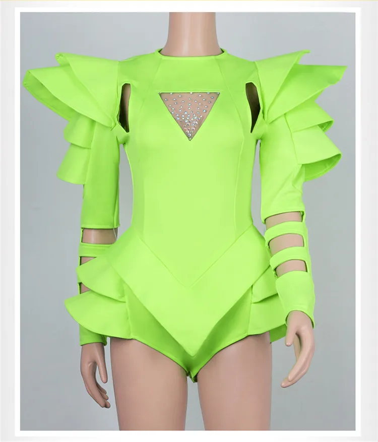Блестящие стразы ФЛУОРЕСЦЕНТНОЕ зеленое боди для танцора команды джаза костюм