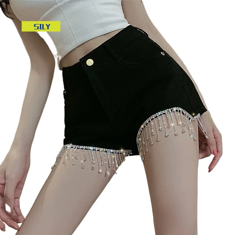 

High Waist Denim Shorts Women's Summer New Black Slim Fit Slimming High Tassel Rhinestone Hot Pants Fashion