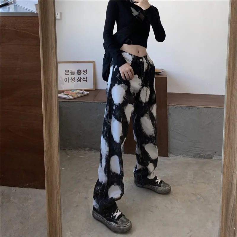 

2021 Spring Autumn New Fashion Jeans Women's High Waist Loose Tie-Dye Color Casual Trousers Straight Leg Pants Female Clothing