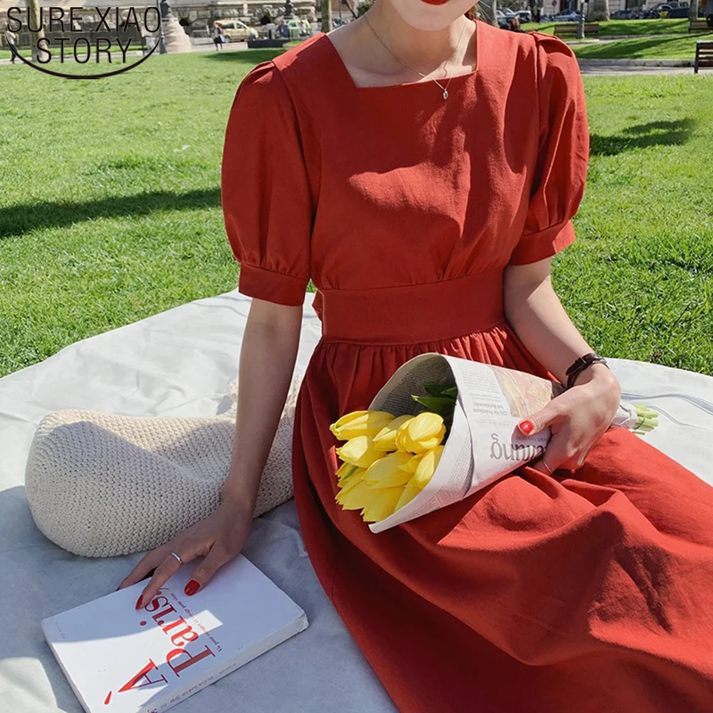 Женское платье из хлопка и льна однотонное во французском стиле с завышенной