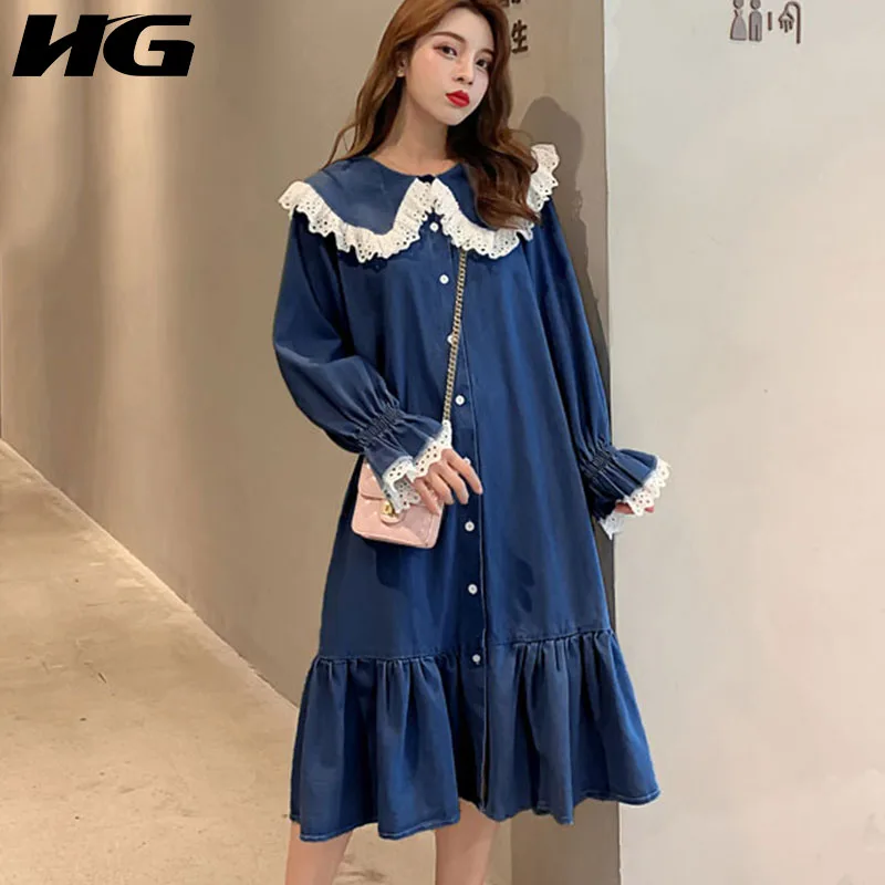 Женское платье с кукольным воротником и оборками HG элегантное свободное в