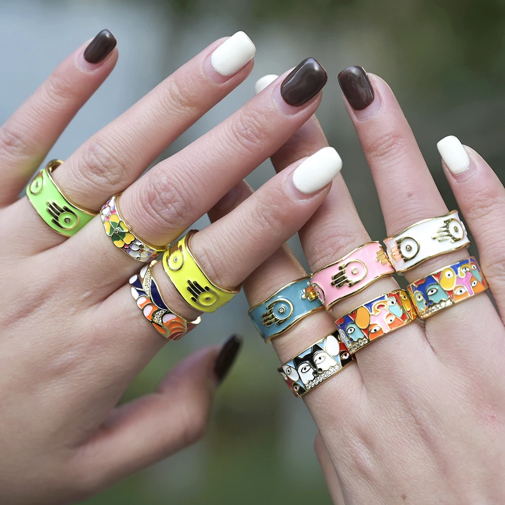 

Colorful Dripping Oil Enamel Hamsa Hand Evil Eye Rings For Women Adjustable Open Party Rings Hip Hop Jewelry Anillo Femme Bague