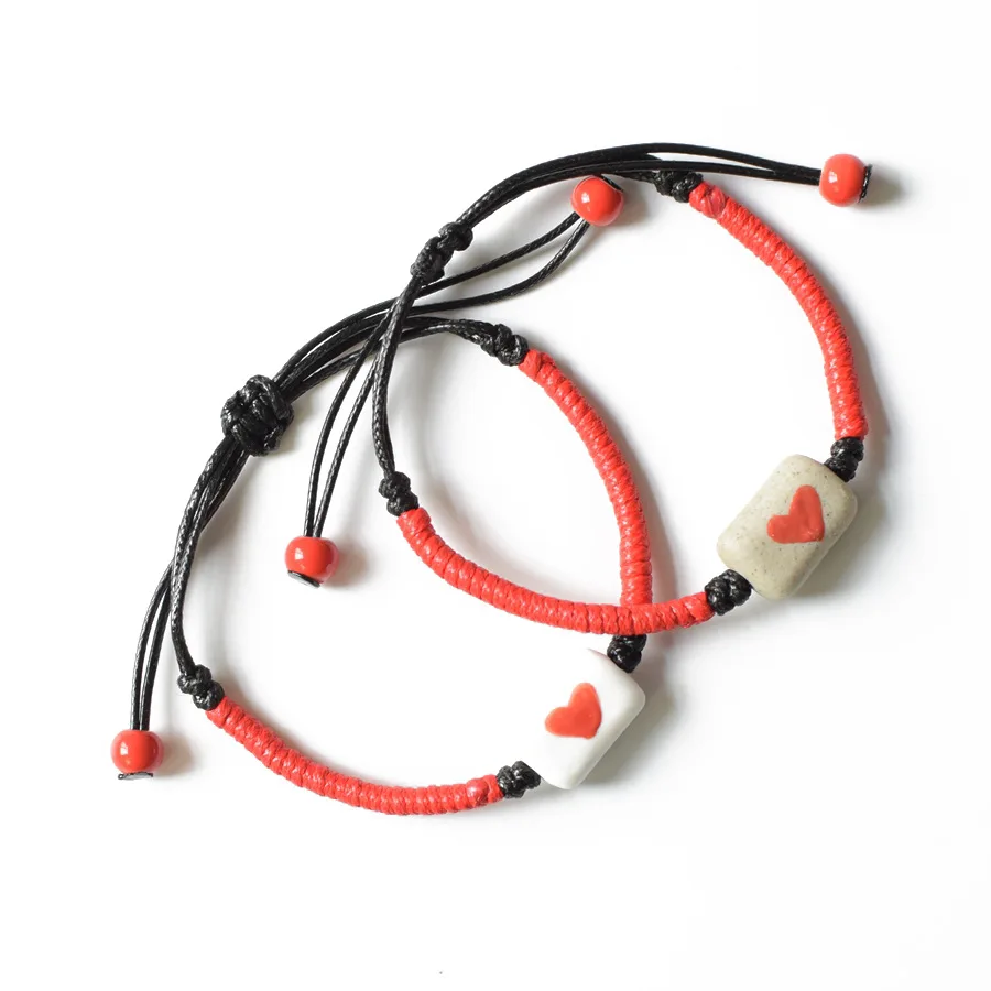 Ручной Плетеный веревочный браслет керамический ручной работы с сердечками для