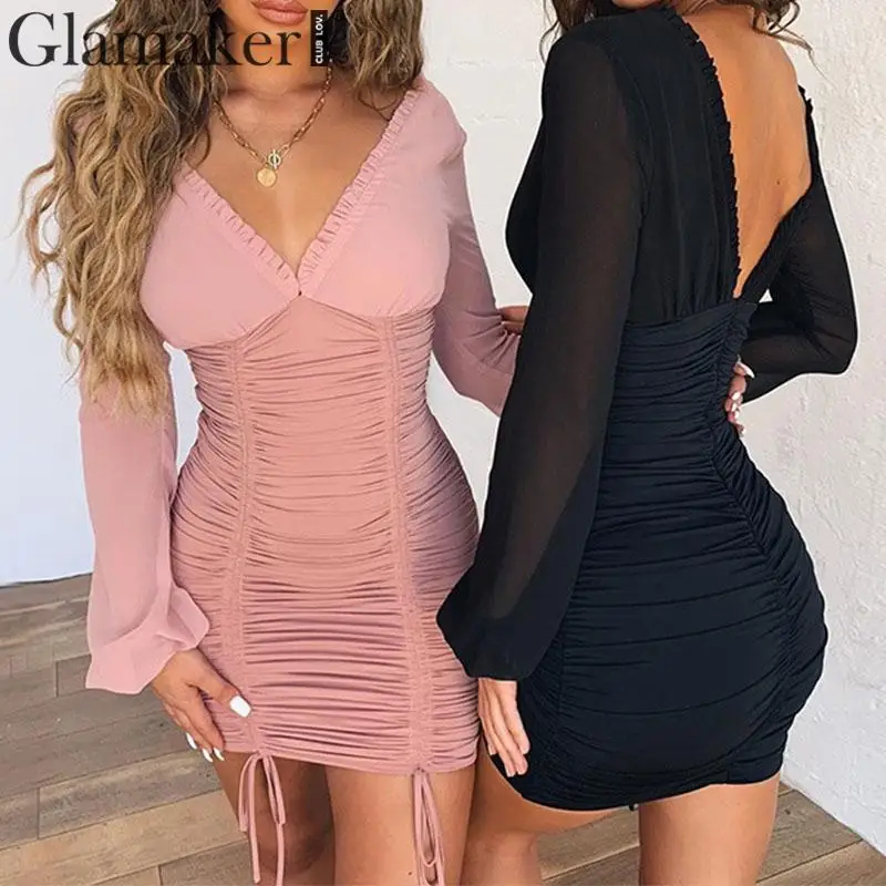 Glamaker облегающее платье в стиле пэчворк с рюшами и v образным вырезом длинным