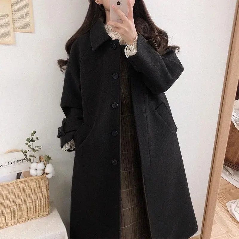

Women Wool Solid Leisure Pockets Turn Down Collar Long Sleeve Overcoats Office Lady Winter Warm Thicken Retro Ulzzang All-match