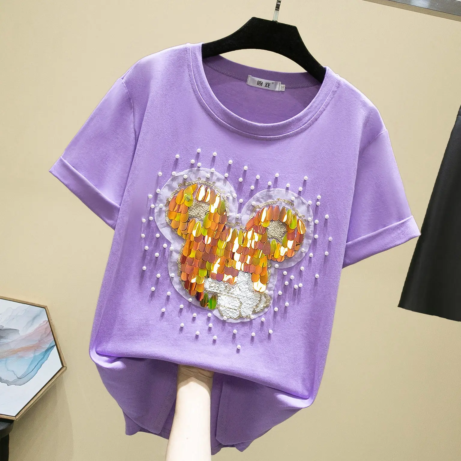 

2021 Summer New Beaded Cotton T-shirt Women's Short-sleeved Loose Plus Size Woman Tshirts Graphic Tee