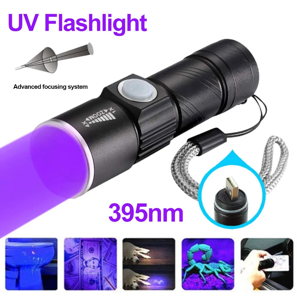 

USB Rechargeable 395nm Ultraviolet Mini Zoom In UV LED Flashlight Fluorescent Detector UV Curing Light Pet Urine Stain Detector