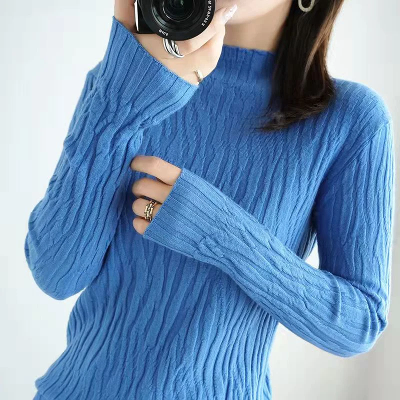 

Lucyever High Elastic Folds Women Sweaters Spring Slim-fit Long Sleeve Knitted Pullover Tops Female Solid Casual Bottom Sweaters
