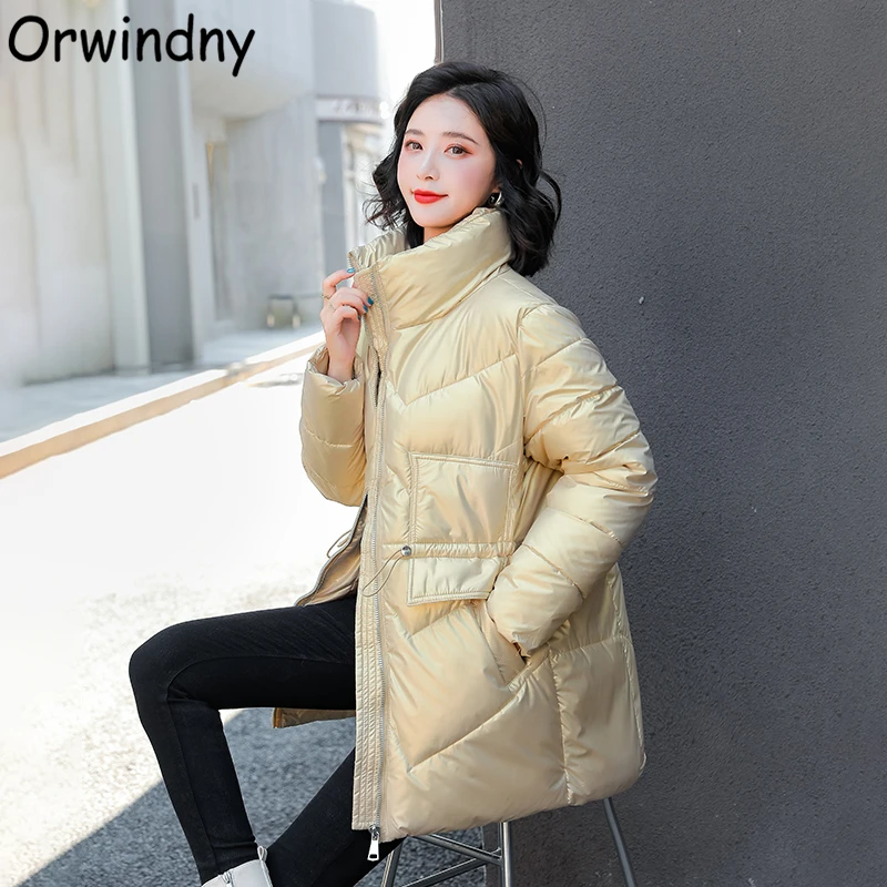 

Orwindny Glossy Long Parkas Women Drawstring Jackets Winter Female Waterproof Fashion Thicken Warm Coat Mandarin Collar Clothes