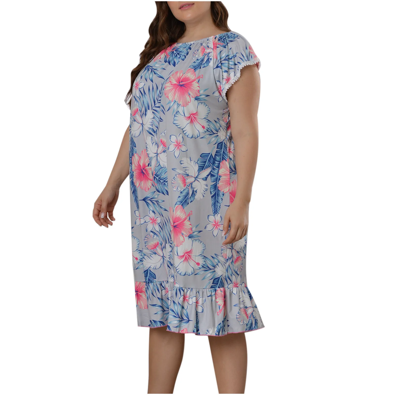 

60 # Женское Платье 2021 Мода размера плюс с оборками футболка с коротким рукавом с круглым вырезом теплая Домашняя одежда Ночные сорочки пижам...