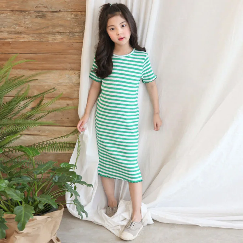 New 2020 Summer Big Girls T Shirts Dresses Korean Stretch Baby Stripe Dress Kids Mid Long Teen Green Pink T-shirts | Детская одежда и
