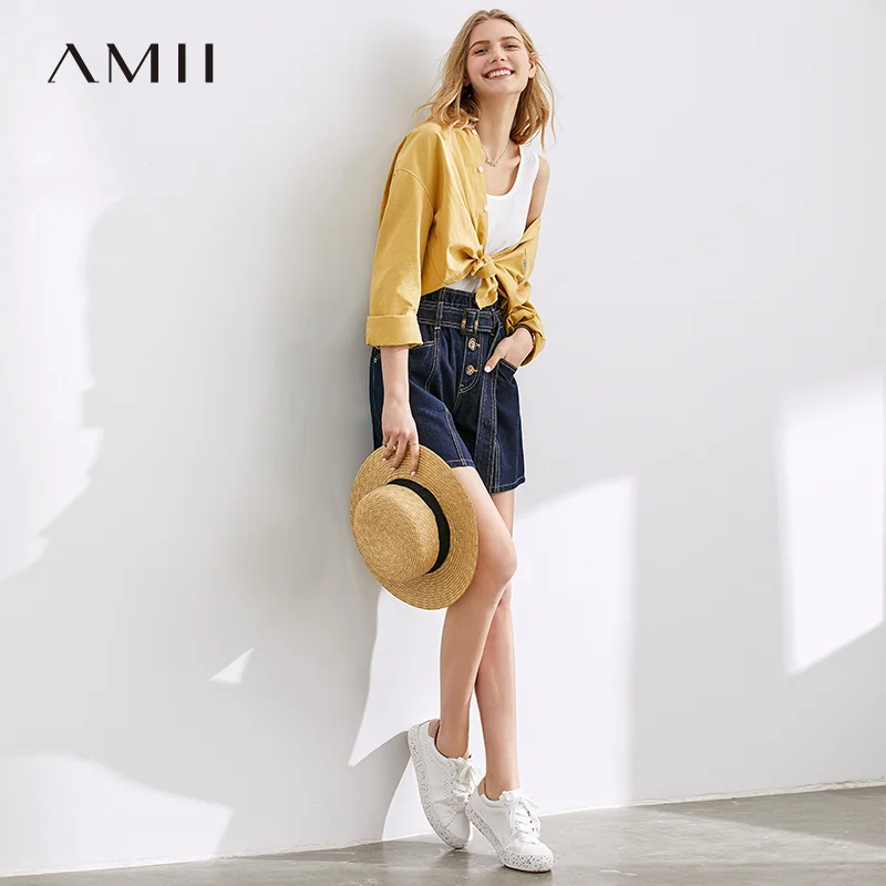 Amii минималистичные джинсовые короткие брюки осенние женские свободные с высокой