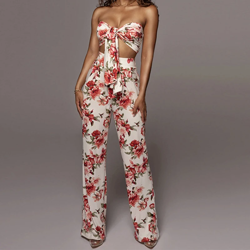 

Fashion Women's Printed Lace-Up Tube Top + High Waist Trousers Sexy Outer Wear Two-Piece Suit Femlae Tracksuit Free Shipping