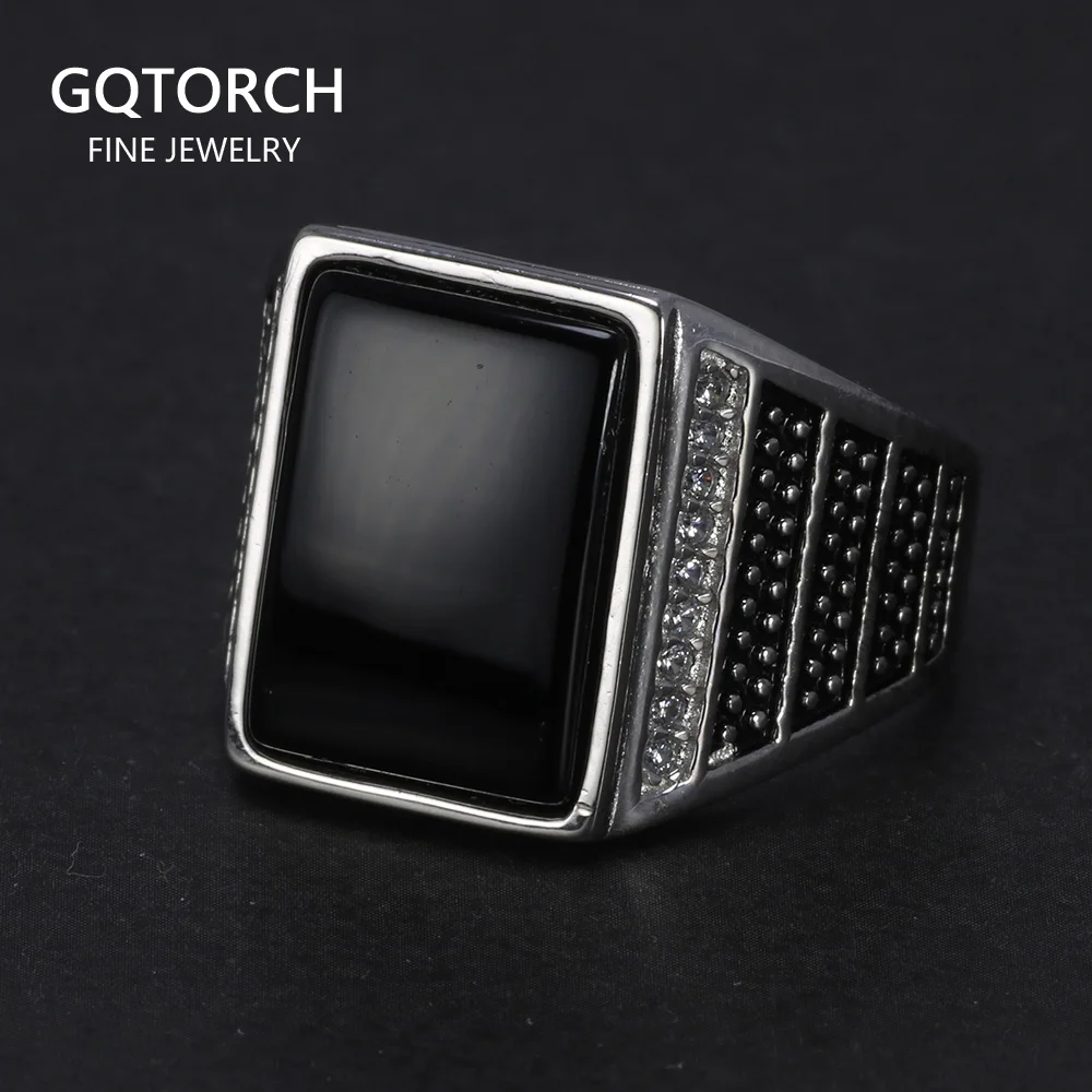 Винтажные мужские кольца из чистого серебра s925 пробы с натуральным Черным Камнем