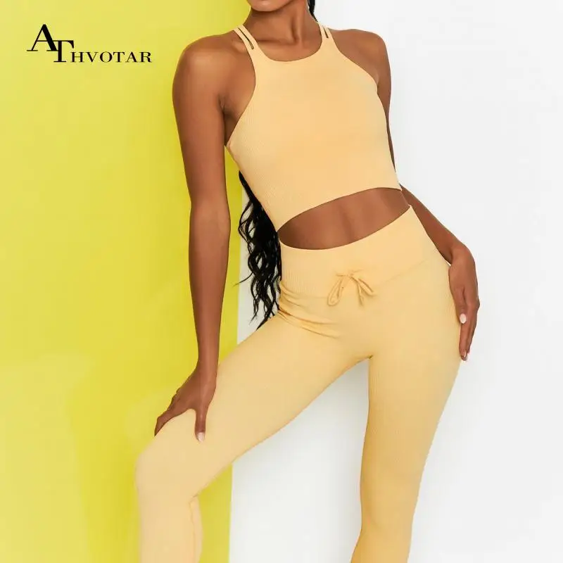 

ATHVOTAR Women's Tracksuit Yoga Set Sports Gym Fitness Clothing High Waist Seamless Leggings Sports Bra Top Two Piece Set Women