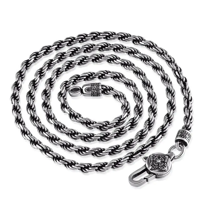 

New Men's Hemp Rope Necklace Silver Personality Retro Six-character Mantra Vajra Trend Necklace Jewelry Accessories