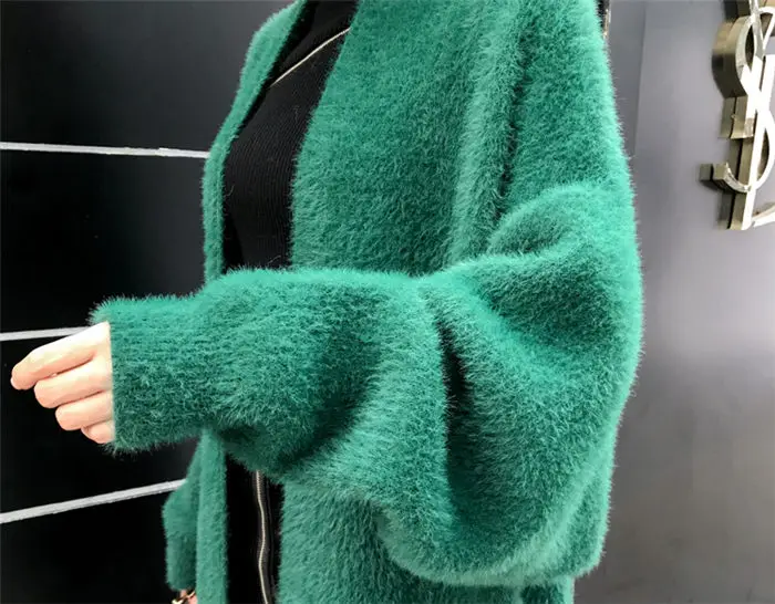 Корейская куртка из искусственного меха норки, свитер, Осень-зима, новая Толстая бархатная одежда, женский большой размер, свободный длинный вязаный кардиган, пальто f1507