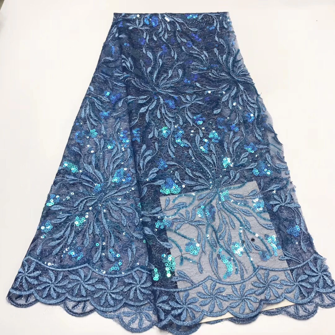 

African fabric blue french lace fabric with sequins Nigerian wedding fabric for dresse embroided tulle lace fabric 5yard KJY9027