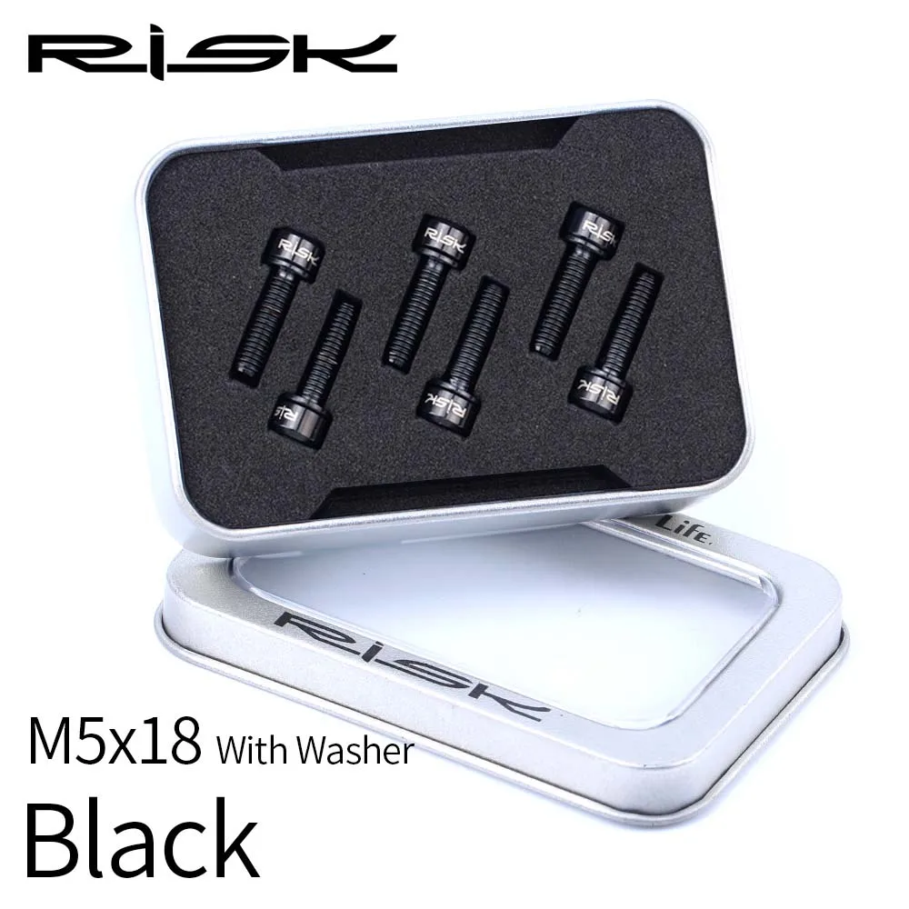 18mm-Black Риска 6 шт./лот M5* 18/20 мм велосипедный вынос руля болты для выноса руля с шайбами Титан сплав Велоспорт велосипед горный велосипед винты+ прокладка M5x18mm M5x20mm - Цвет: 18mm-Black