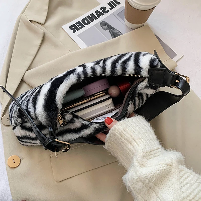 

Faux Fur Zebra Pattern Armpit Bag for Women 2021 Winter Soft Small Shoulder Handbags Female Travel Fashion Hand Bag and Purses
