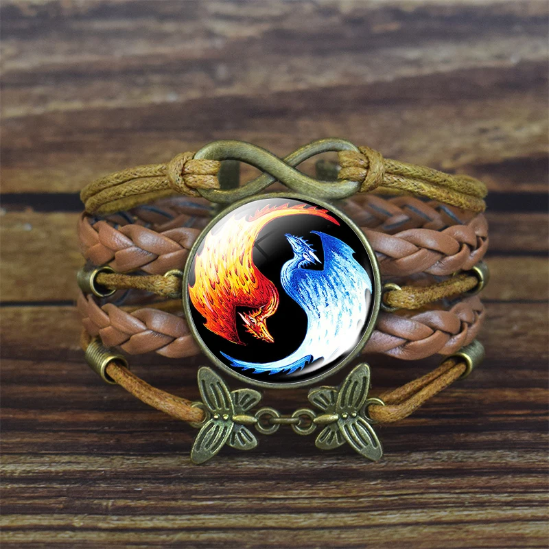 1 шт. коричневый кожаный браслет Tai Chi Yin Yang Fire and Water Phoenix узор бижутерия со