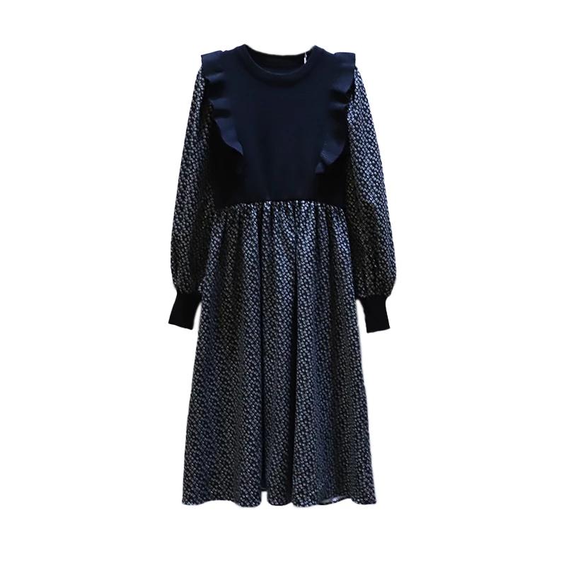 

[IEQJ] Stitching Knitted Fake Two Pieces Of Floral Medium Length Dress For Women Casualnew Fashion Tide 2021 Spring GD1105