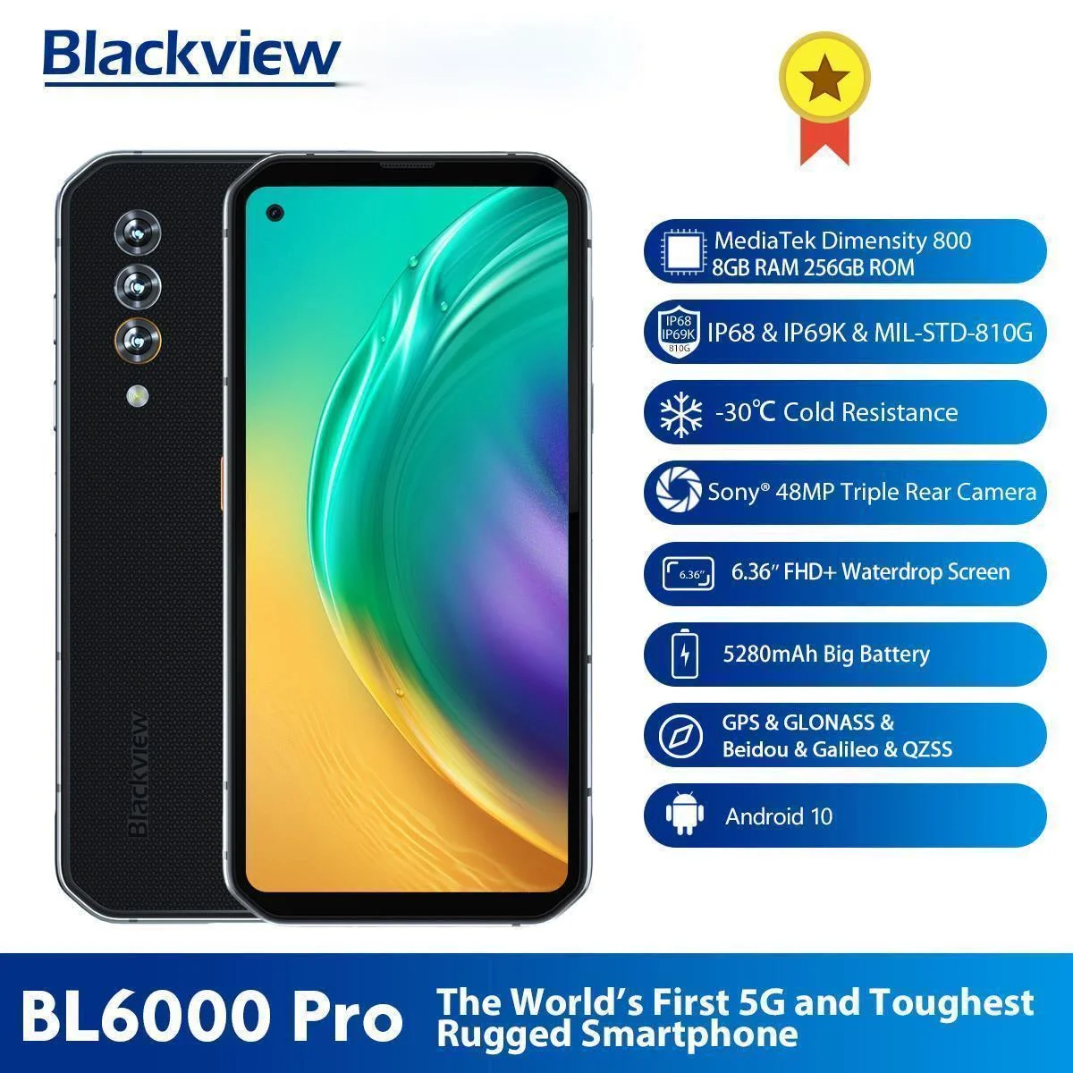 Blackview BL6000 Pro 8 ГБ + 256 IP68 Водонепроницаемый смартфон 48MP тройной Камера 5280 мАч Android 10