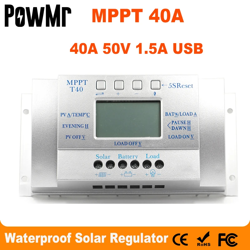 

40A Solar Charge Controller 12V 24V Auto With 5V 1.5A USB Output Load Light and Timer Control Solar Panel Regulator LCD T40-S